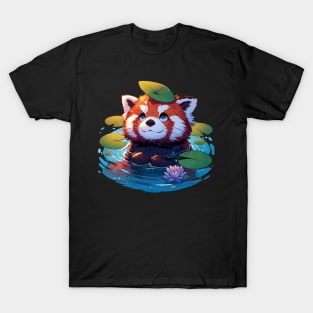 Kawaii Anime Red Panda Bath With Water Lily T-Shirt